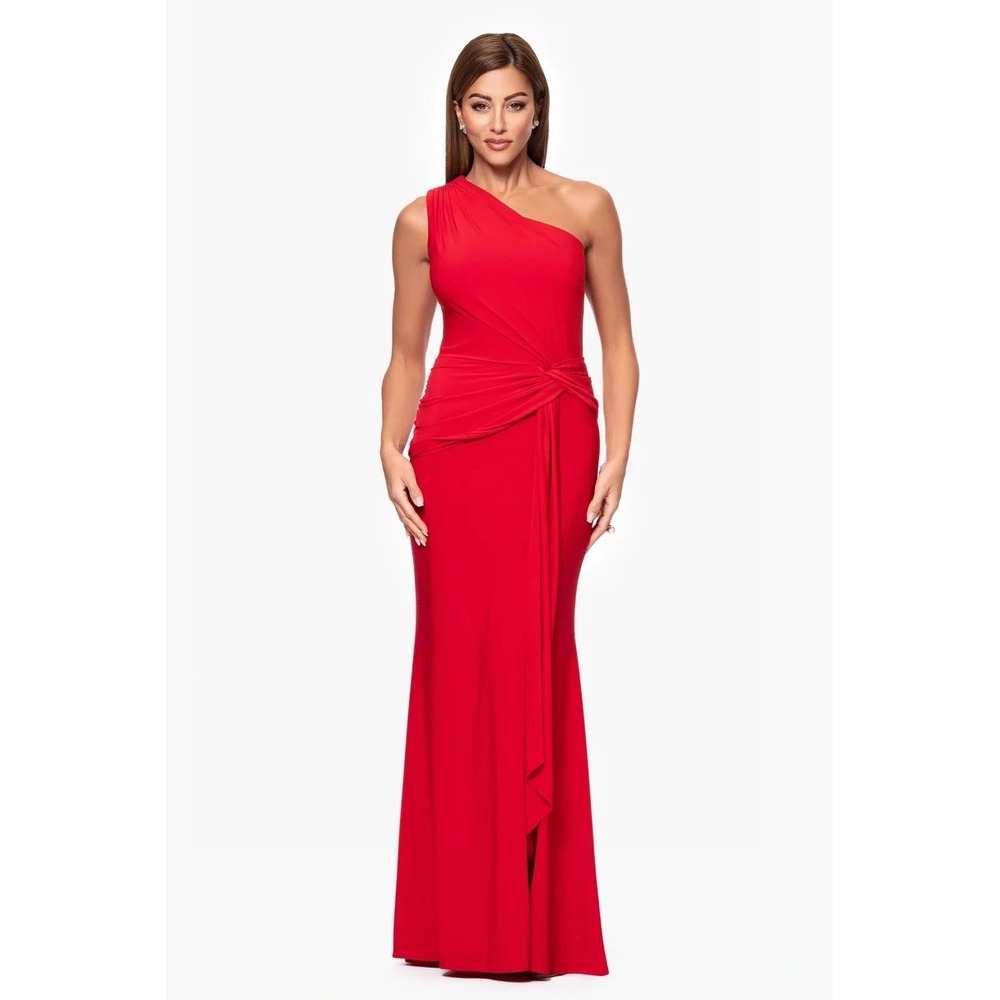 XSCAPE Women Gown Nara One Shoulder Ruched Twist Front Red Sz 12 Grecian Goddess